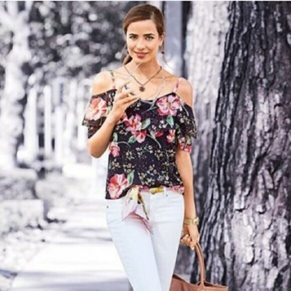 CAbi | #5220 Fairytale Cold Shoulder Floral Blouse Size Small Navy Pink Green - Picture 2 of 5